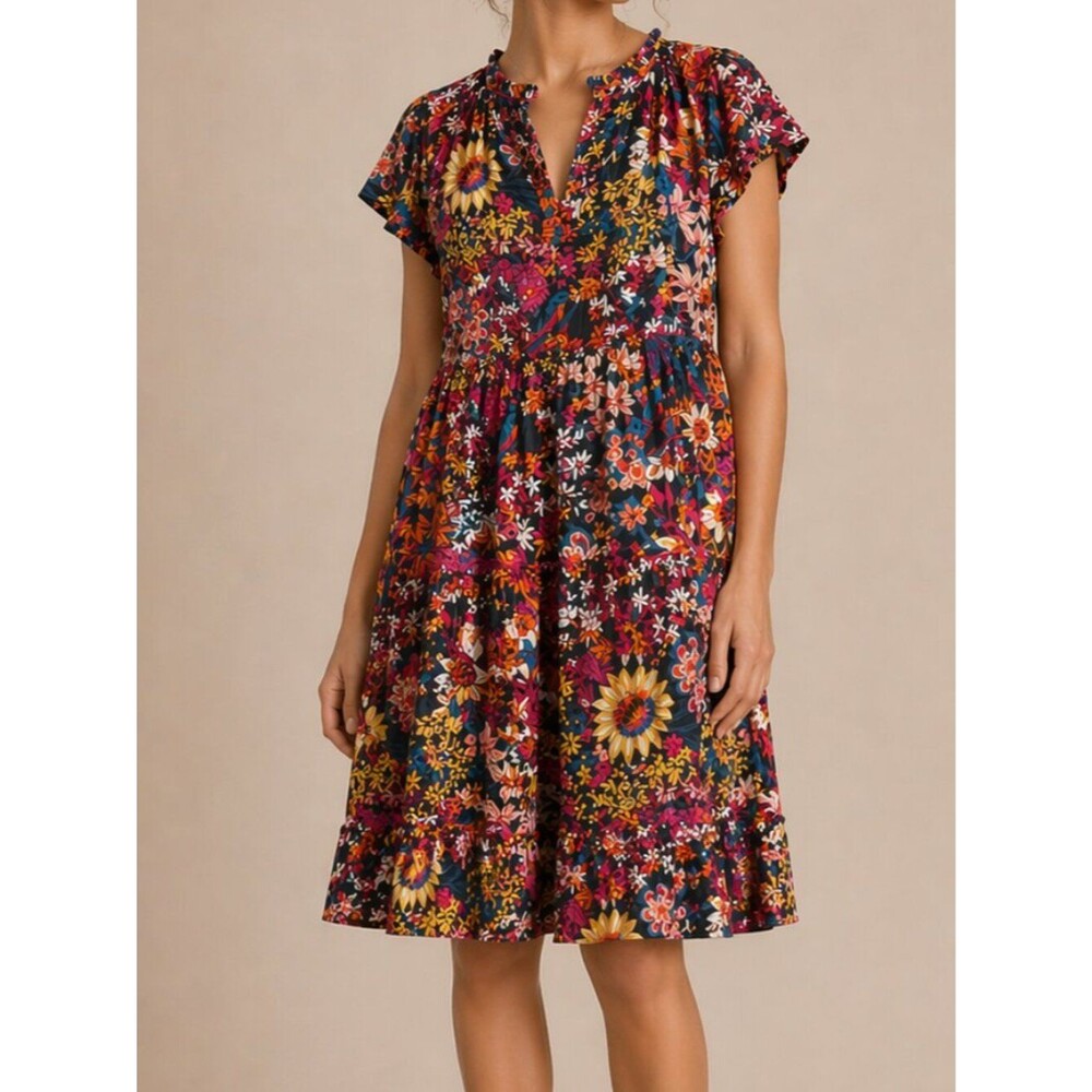 Anthropologie Floral Tiered Dress Size Medium Boho Short Sleeve Below Knee Multi